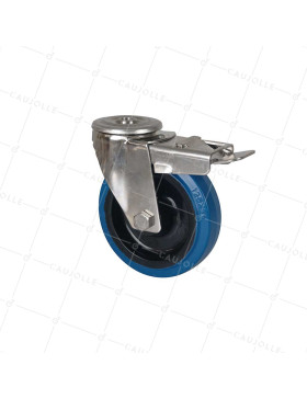 ROULETTE INOX A OEIL EN CAOUTCHOUC ÉLASTIQUE A FREIN DIAMÈTRE 125 MM CHARGE 150 KG- INOX O 125NS AF BLEU • Caujolle