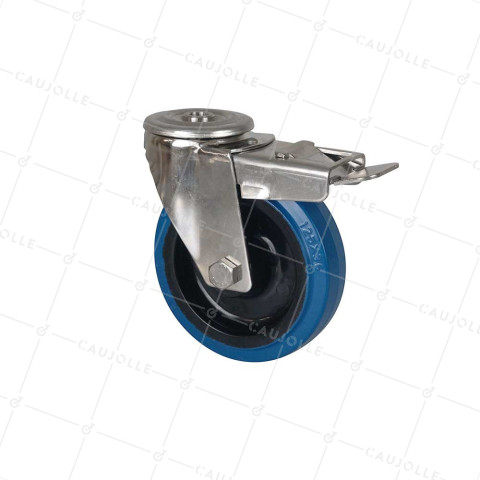 ROULETTE INOX A OEIL EN CAOUTCHOUC ÉLASTIQUE A FREIN DIAMÈTRE 125 MM CHARGE 150 KG- INOX O 125NS AF BLEU • Caujolle