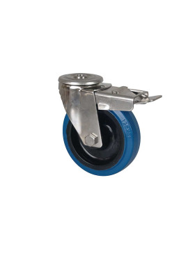 ROULETTE INOX A OEIL EN CAOUTCHOUC ÉLASTIQUE A FREIN DIAMÈTRE 125 MM CHARGE 150 KG- INOX O 125NS AF BLEU