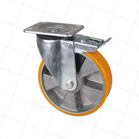 POLYURETHANE BRAKE CASTOR WHEEL ALUMINUM RIM DIAMETER 200 MM LOAD 800KG - S76AR 200AF • Caujolle