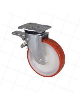 ROULETTE DE MANUTENTION PIVOTANTE A FREIN EN NYLON/POLYURÉTHANE DIAMÈTRE 200 MM CHARGE 300 KG - S74NP 200AF • Caujolle