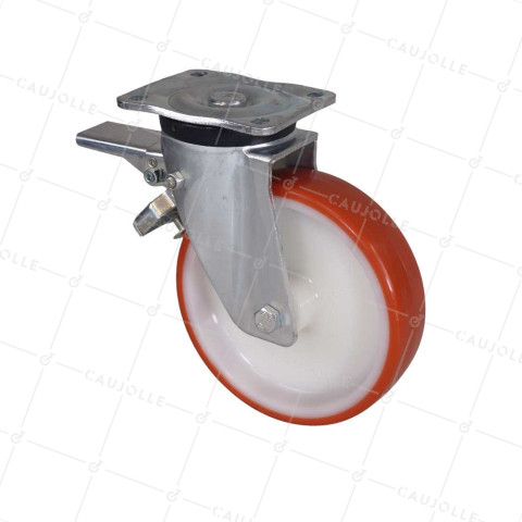 Castor OF SWIVEL HANDLING WITH BRAKE IN NYLON/POLYURETHANE DIAMETER 200 MM LOAD 300 KG - S74NP 200AF • Caujolle