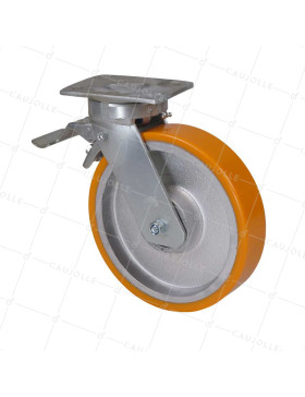 Castor SWIVEL WITH BRAKE REINFORCED POLYURETHANE WHEEL CAST IRON DIAMETER 250 MM LOAD 1400KG - S80 250P AF • Caujolle
