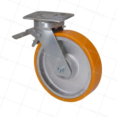 Castor SWIVEL WITH BRAKE REINFORCED POLYURETHANE WHEEL CAST IRON DIAMETER 250 MM LOAD 1400KG - S80 250P AF • Caujolle