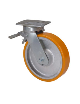 Castor SWIVEL WITH BRAKE REINFORCED POLYURETHANE WHEEL CAST IRON DIAMETER 250 MM LOAD 1400KG - S80 250P AF