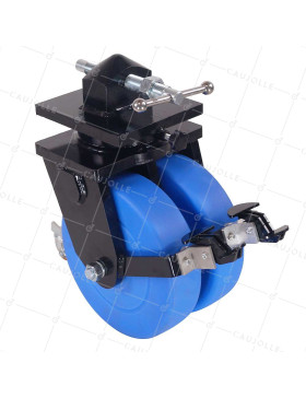 Castor OF BLUE NYLON CONTAINER DOUBLE 305 MM EXTREME LOAD 10000 KG REINFORCED FORK - CENTAURE SERIES • Caujolle