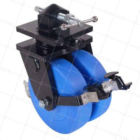 Castor OF BLUE NYLON CONTAINER DOUBLE 305 MM EXTREME LOAD 10000 KG REINFORCED FORK - CENTAURE SERIES • Caujolle