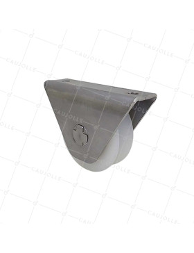 Wheel GATE IN NYLON WITH STAINLESS STEEL MOUNTING FOR SCREWING OR WELDING DIAMETER 80 MM FOR TRIANGULAR RAIL LOAD 650 KG - MTSP GV80 NYLON STAINLESS STEEL • Caujolle