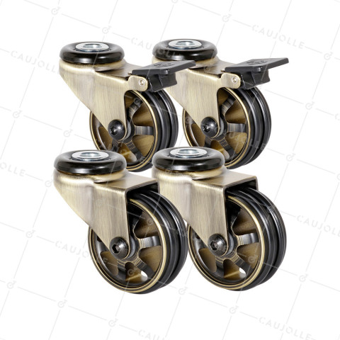 LOT DE 4 ROULETTES DESIGN RÉTRO À OEIL EN ALUMINIUM DORÉ DIAMÈTRE 50 MM • Caujolle