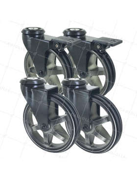 SET OF 4 CASTERS RETRO DESIGN WITH EYE IN BRUSHED BLACK ALUMINUM DIAMETER 125 MM • Caujolle