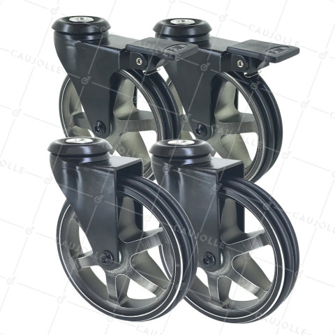 LOT DE 4 ROULETTES DESIGN RÉTRO À OEIL EN ALUMINIUM NOIR BROSSÉ DIAMÈTRE 125 MM • Caujolle
