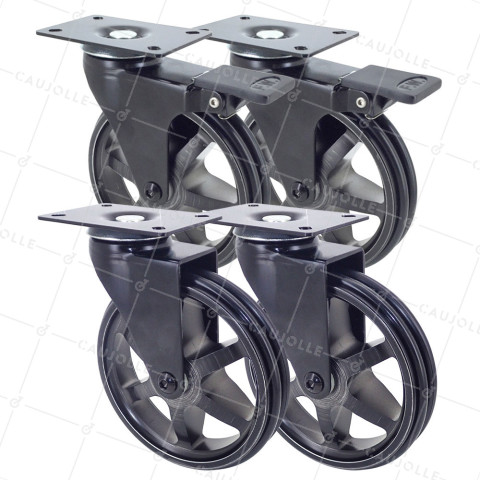 LOT DE 4 ROULETTES DESIGN RÉTRO À PLATINE EN ALUMINIUM NOIR BROSSÉ DIAMÈTRE 125 MM • Caujolle