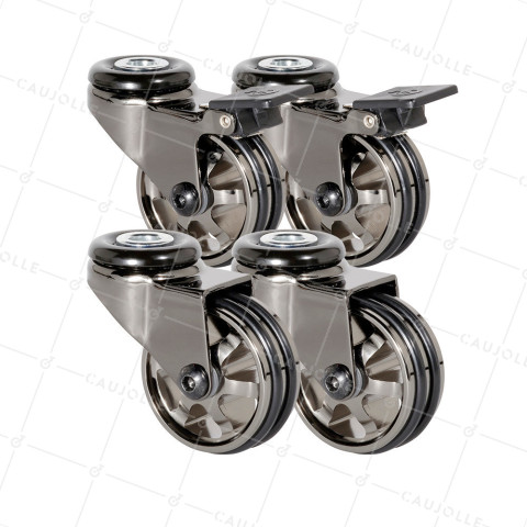 SET OF 4 CASTERS RETRO DESIGN WITH EYE IN GLOSSY BLACK DIAMETER 50 MM • Caujolle