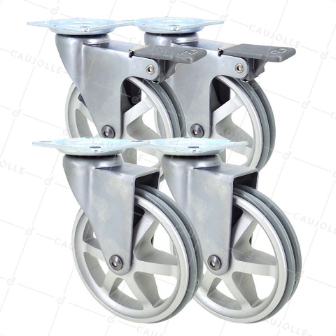 LOT DE 4 ROULETTES DESIGN RÉTRO À OEIL ALUMINIUM GRIS DIAMÈTRE 100 MM • Caujolle