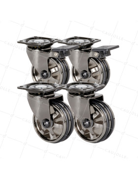 SET OF 4 CASTERS RETRO DESIGN WITH PLATE IN GLOSSY BLACK DIAMETER 50 MM • Caujolle