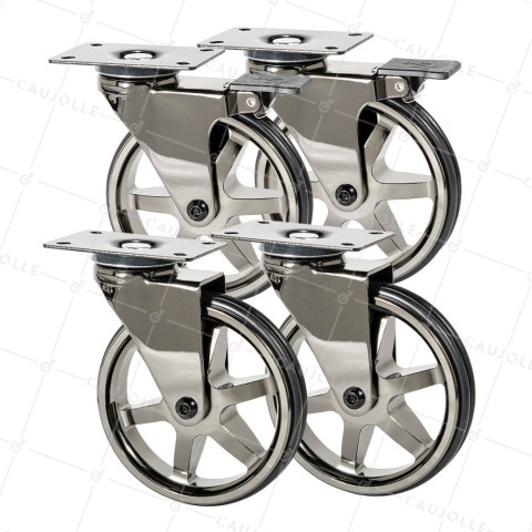 SET OF 4 CASTERS RETRO DESIGN WITH PLATE IN SHINY BLACK DIAMETER 125 MM • Caujolle