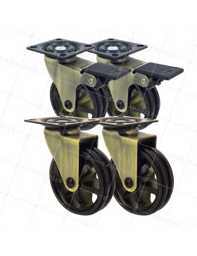 LOT DE 4 ROULETTES DESIGN RÉTRO À PLATINE EN ALUMINIUM DORÉ DIAMÈTRE 75 MM • Caujolle