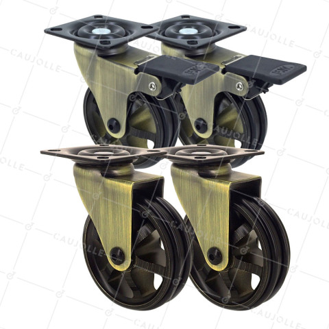 LOT DE 4 ROULETTES DESIGN RÉTRO À PLATINE EN ALUMINIUM DORÉ DIAMÈTRE 75 MM • Caujolle