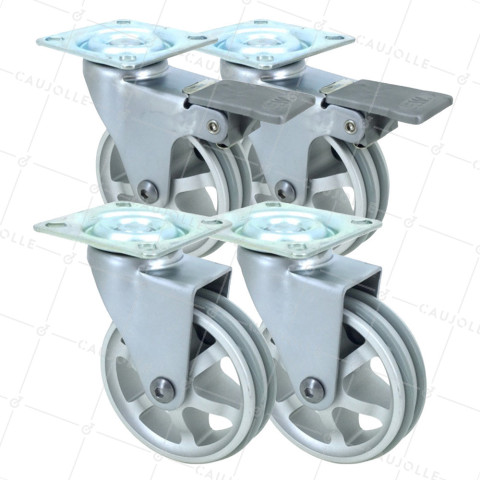 SET OF 4 WHEELS RETRO DESIGN WITH EYE GRAY ALUMINUM DIAMETER 75 MM • Caujolle
