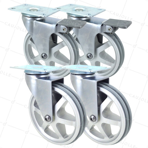 LOT DE 4 ROULETTES DESIGN RÉTRO À OEIL ALUMINIUM GRIS DIAMÈTRE 125 MM • Caujolle