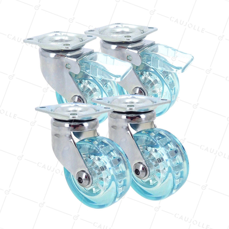 LOT DE 4 ROULETTES DESIGN TRANSPARENTE BLEUE DIAMÈTRE 50 MM