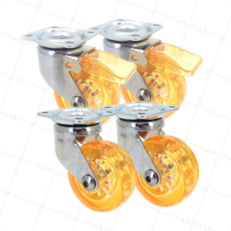 LOT DE 4 ROULETTES DESIGN TRANSPARENTE ORANGE DIAMÈTRE 50 MM