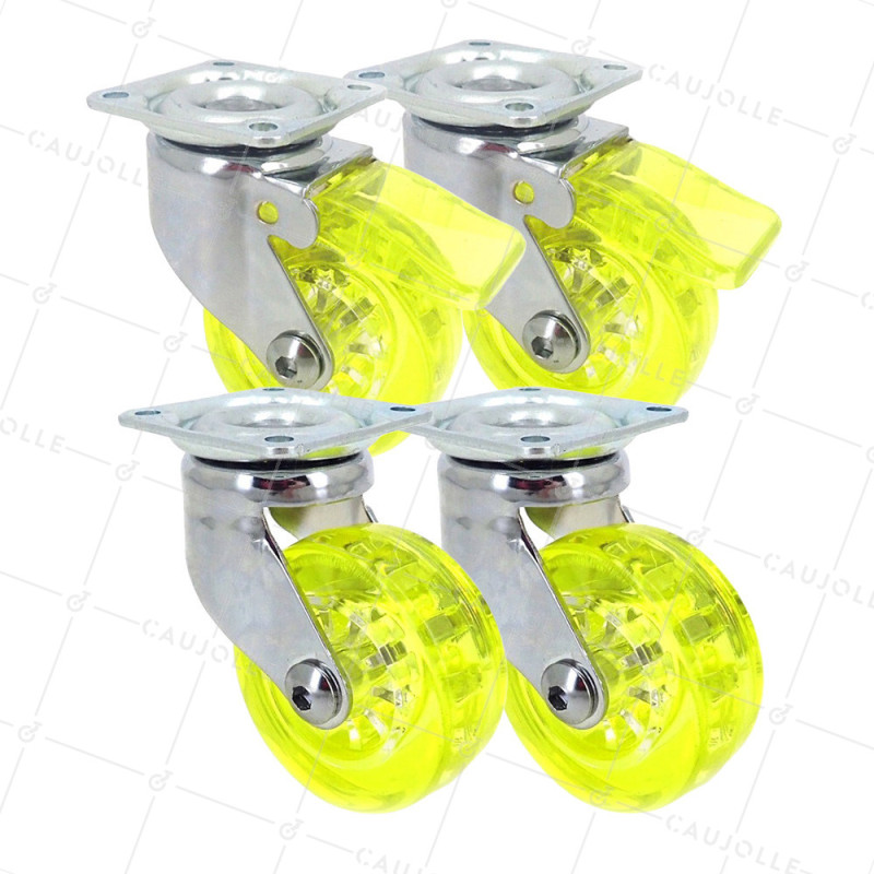 LOT DE 4 ROULETTES DESIGN TRANSPARENTE JAUNE DIAMÈTRE 50 MM