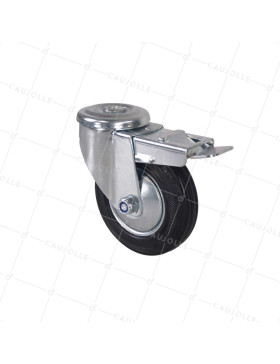 Castor CLASSIC HANDLING CASTOR WITH EYE RUBBER BRAKE DIAMETER 125 MM LOAD 100 KG WITH 12 MM FIXING - S06C125LAF • Caujolle