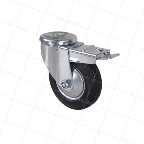 Castor CLASSIC HANDLING CASTOR WITH EYE RUBBER BRAKE DIAMETER 125 MM LOAD 100 KG WITH 12 MM FIXING - S06C125LAF • Caujolle