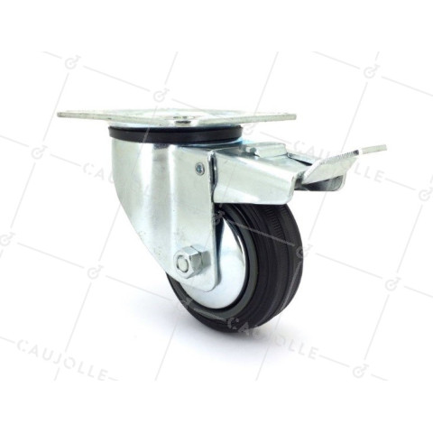 Rubber castor wheel with plate and brake 80 mm diameter S2C  • Caujolle