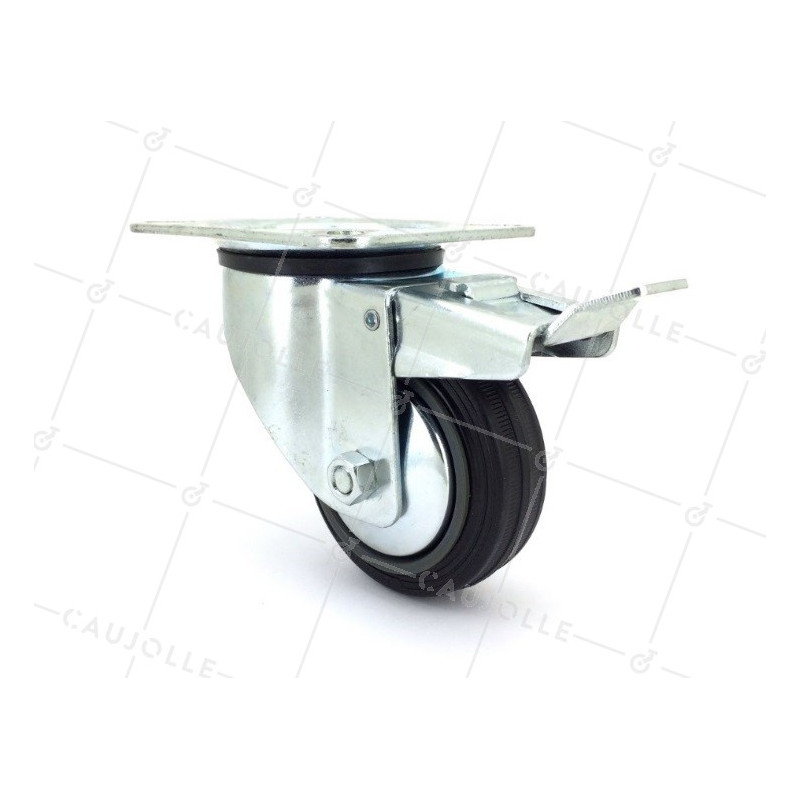 Industrial black rubber castor wheel 80 mm diameter with plate and brake 1