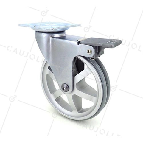 ROULETTE DESIGN EN ALUMINIUM GRIS À FREIN DIAMÈTRE 100 MM CHARGE 55KG - ALUSTYL100PAF • Caujolle