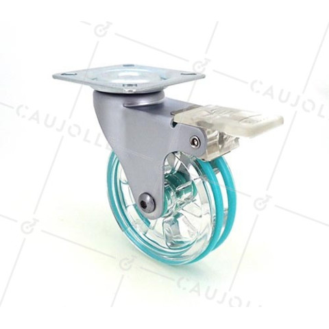 GREEN TRANSPARENT DESIGNER CASTER WHEEL WITH BRAKE, 75 MM DIAMETER, 50 KG LOAD CAPACITY - CRYSTAL V75PAF • Caujolle