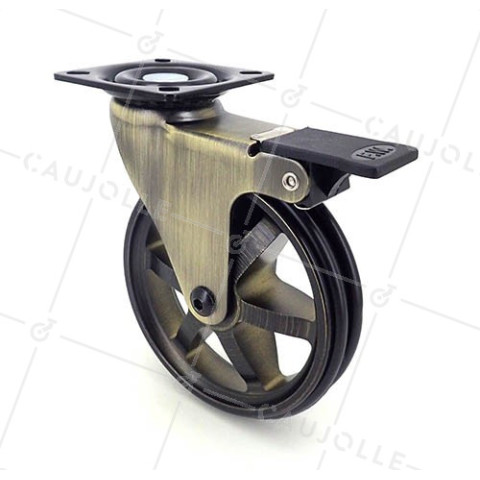 ROULETTE DESIGN RÉTRO À FREIN EN ALUMINIUM DORÉ DIAMÈTRE 100 MM CHARGE 55KG - GOLDSTYL100PAF • Caujolle
