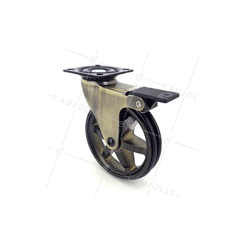 ROULETTE DESIGN RÉTRO À FREIN EN ALUMINIUM DORÉ DIAMÈTRE 100 MM CHARGE 55KG - GOLDSTYL100PAF
