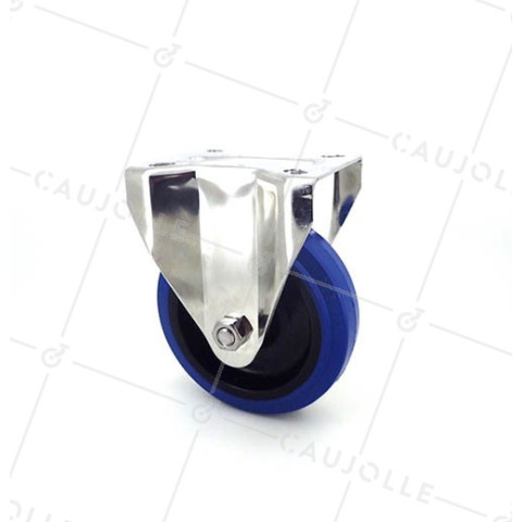 Fixed-position castor wheel STAINLESS STEEL 125 mm diameter supple rubber • Caujolle