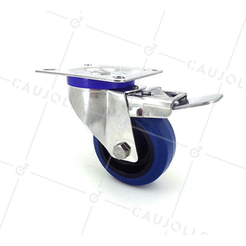 Swivel castor wheel with brake STAINLESS STEEL 80 mm diameter supple rubber • Caujolle