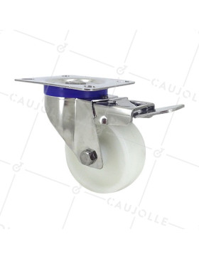 Swivel castor wheel with brake STAINLESS STEEL 80 mm diameter nylon • Caujolle