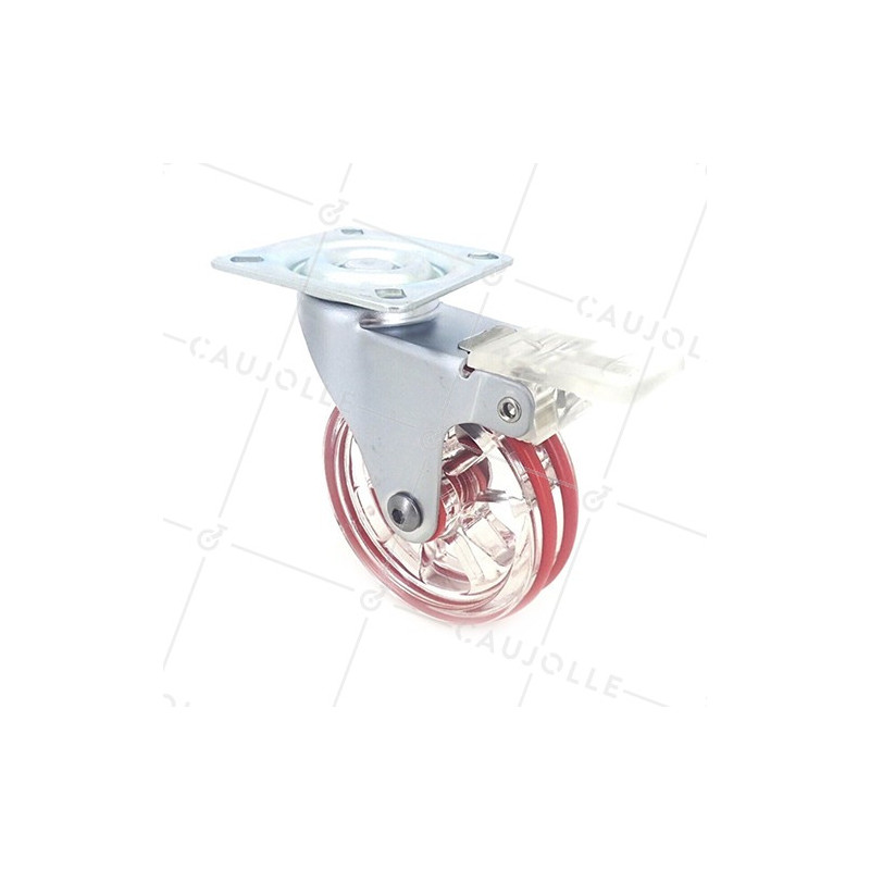 Transparent red designer castor wheel with brake 75 mm diameter swivel plate 1