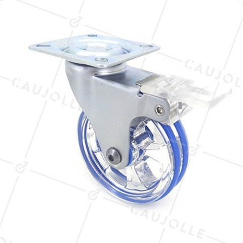 TRANSPARENT BLUE DESIGNER CASTOR WITH BRAKE 75 MM DIAMETER 50 KG MAX LOAD - CRYSTAL B75 PAF • Caujolle
