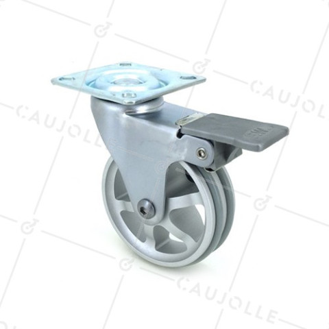 GREY ALUMINIUM DESIGNER CASTOR WITH BRAKE 75 MM DIAMETER 45 KG MAX LOAD - ALUSTYL75PAF • Caujolle