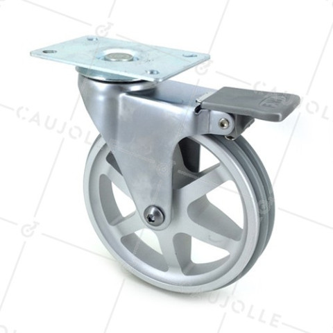 ROULETTE DESIGN À FREIN EN ALUMINIUM GRIS DIAMÈTRE 125 MM CHARGE 70KG - ALUSTYL125PAF • Caujolle