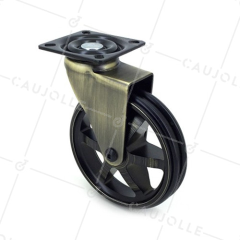 ROULETTE DESIGN RÉTRO EN ALUMINIUM DORÉ DIAMÈTRE 100 MM CHARGE 55KG - GOLDSTYL100P • Caujolle