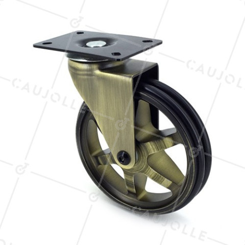 ROULETTE DESIGN RÉTRO EN ALUMINIUM DORÉ DIAMÈTRE 125 MM CHARGE 70KG - GOLDSTYL125P • Caujolle