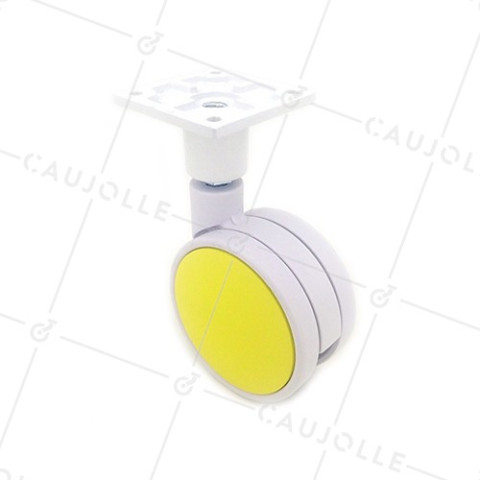 YELLOW AND WHITE PLASTIC CASTOR 75 MM DIAMETER 60 KG MAX LOAD - MACARON JAUNE • Caujolle