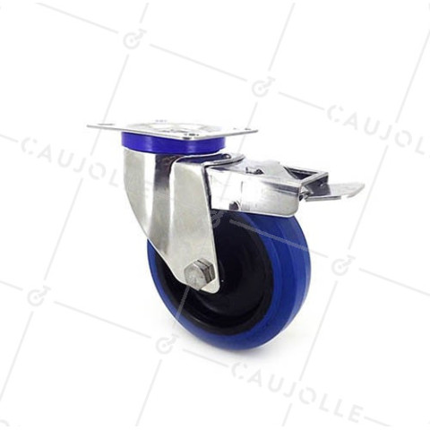 Swivel castor wheel with brake STAINLESS STEEL 125 mm diameter supple rubber  • Caujolle