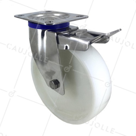 Swivel castor wheel with brake STAINLESS STEEL 200 mm diameter nylon • Caujolle