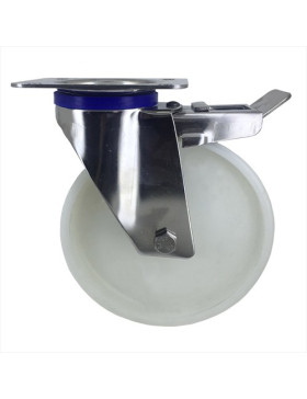 ROULETTE INOX EN NYLON PIVOTANTE A FREIN DIAMÈTRE 200 MM CHARGE 300 KG