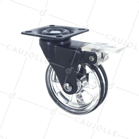 Transparent black castor wheel with brake CRYSTAL N75 PAF • Caujolle