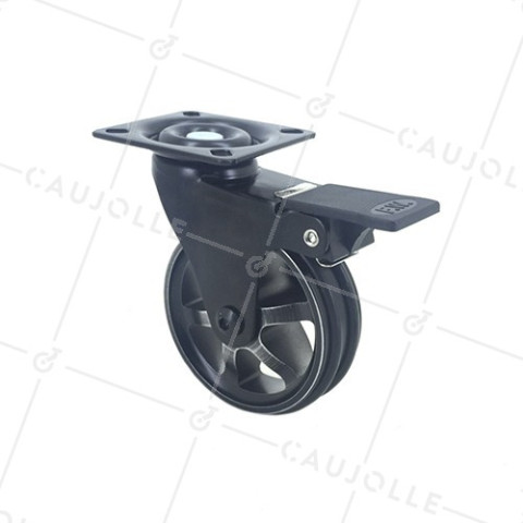 ROULETTE DESIGN EN ALUMINIUM NOIR BROSSÉ À FREIN DIAMÈTRE 75MM CHARGE 45KG - BLACKSTYL75PAF • Caujolle